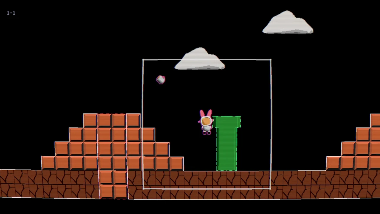 Level 1-1: the player beside a green pipe inside the frame, brick staircases on either side